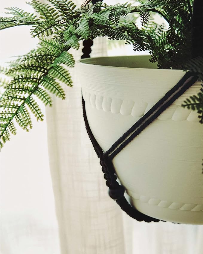 Large Macrame Plant Hanger Black 43 Inch Long for up to 12 Inch Pot No Tassel Cotton Rope Hanging Basket Plant Holder with Heavy Duty Ceiling Hooks
