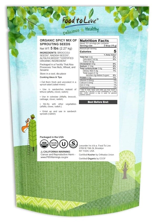 Food to Live Organic Spicy Mix of Sprouting Seeds, 5 Pounds — Non-GMO Broccoli, Radish, Alfalfa, Raw, Rich Germination Rate, Non-Irradiated, Pure, Kosher, Vegan Superfood, Bulk, Rich in Sulforaphane