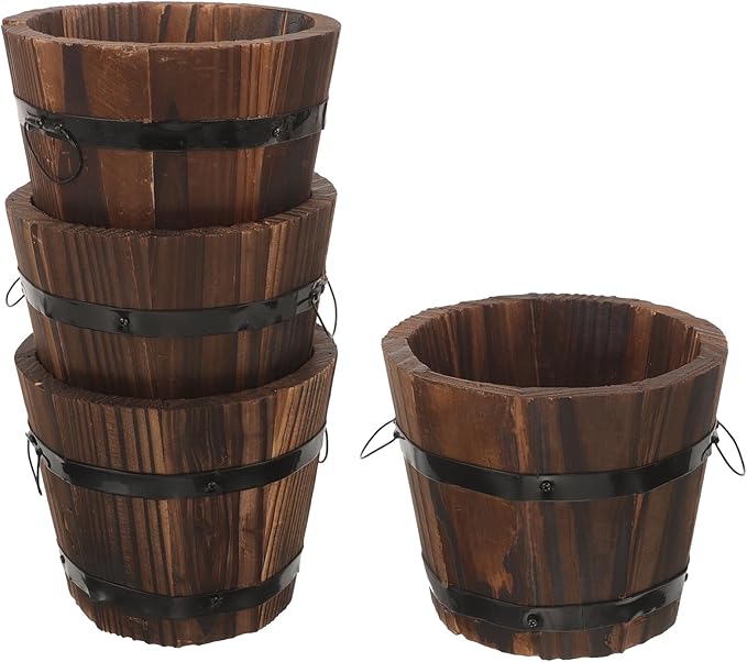 BESPORTBLE Rustic Wooden Barrel Planters: 4pcs Whiskey Barrel Bucket Flower Pots, Plants Boxes Container with Handles for Garden Outdoor Indoor Decor