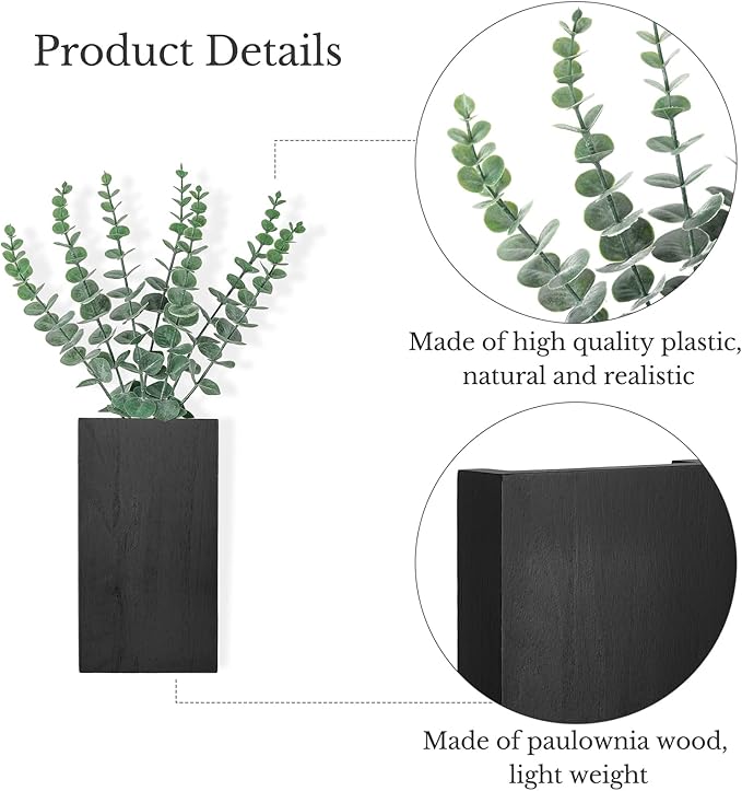 Dahey 2 Pack Wood Wall Planter Vase with Artificial Eucalyptus Farmhouse Wall Hanging Decor Pocket Planter for Indoor Fake Plants Greenery, Living Room Bedroom Kitchen Home Office Decoration, Black