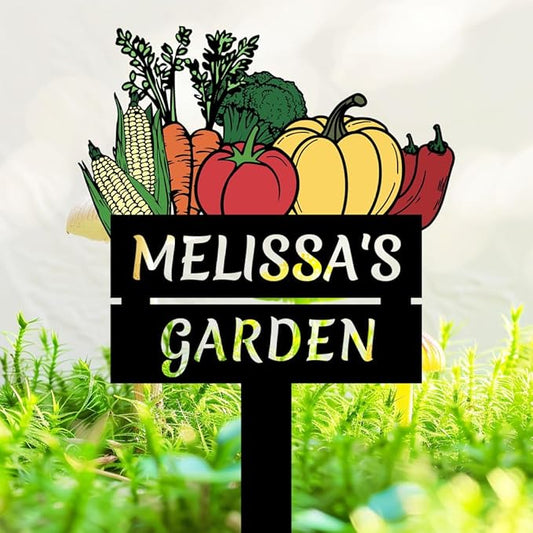 Custom Vegetable Garden Stake Outdoor Decor Yard Sign, Personalized Colorful Metal Garden Plaque Farmhouse Decorative Vegetable Name Sign with Stake, Corn Carrot Tomato Pumpkin Gardening Sign