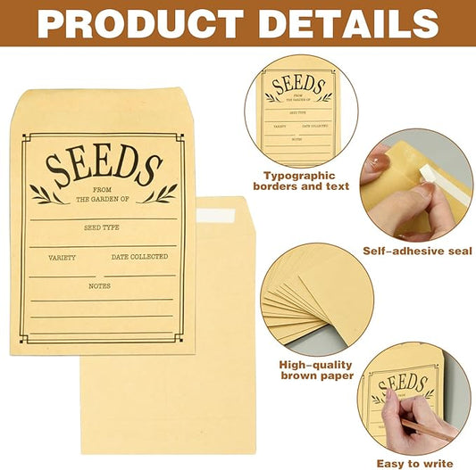 100Pcs Seed Envelopes, Seed Envelope Resealable Brown Paper Self Adhesive Sealing Seeds Saving Envelopes for Storage Vegetable Flower Seeds, 3.1x4.7 Inch