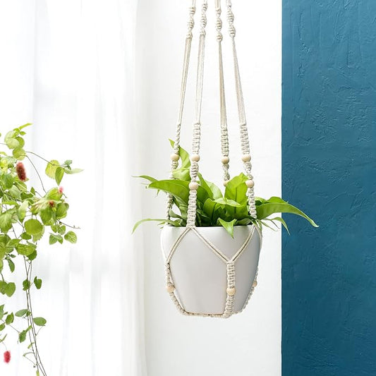 Mkono 43 Inch Macrame Plant Hanger and Ceiling Hooks, Extra Long Hanging Plant Holder No Tassels Hanging Planter Basket with Wood Beads for Indoor Outdoor Boho Home Decor, Ivory