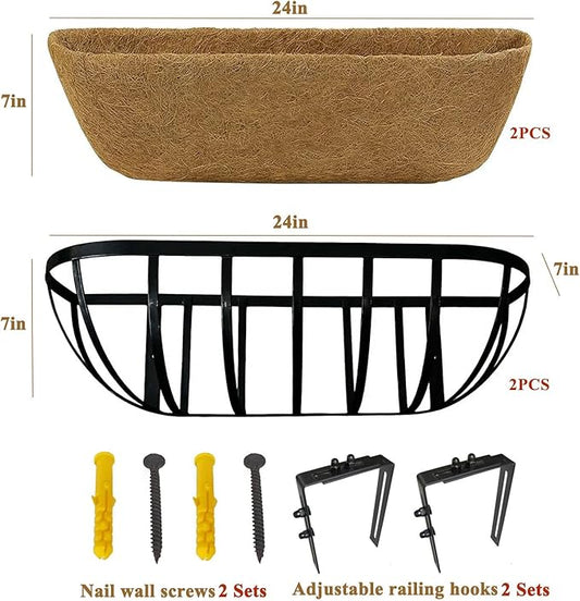 24 Inch Railing Planter Boxes 2 Pack Metal Window Box Planters with Coco Coir Liners, Horse Trough Planter with Adjustable Brackets for Deck Balcony Fence Porch Patio Outdoor Garden