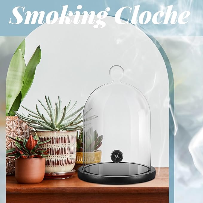 Uiifan 4 Pcs Smoking Cloche Smoking Gun Accessory Glass Dome Cloche Cover Infuser Cocktail with Wood Base for Whiskey Food Drinks, 9. 84 x 5. 91 Inch (Black)