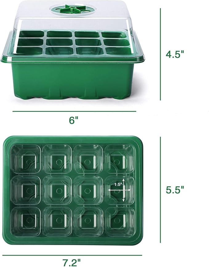 Delxo 10-Pack Seed Starter Kit Seedling Starter Tray (12 Cells) Humidity Adjustable Plant Germination Kit Garden Seed Starting Tray with Dome and Green Base Plus Plant Tags Hand Tool Kit