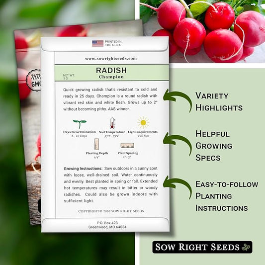 Sow Right Seeds - Champion Radish Seed for Planting - Non-GMO Heirloom Packet with Instructions to Plant a Home Vegetable Garden - Grow This Classic Red Variety - Spicy Cherry Type, Fast Growing (3)