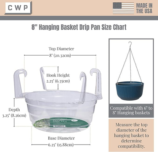 Curtis Wagner Plastics Hanging Basket Drip Pans (5-Pack) | Clear, Round (Diameter = 6.25" Base, 8" Top, 3.5" Depth) Hanging Plant Tray Saucer with Built-in Hooks & Water Catcher for Indoor & Outdoor