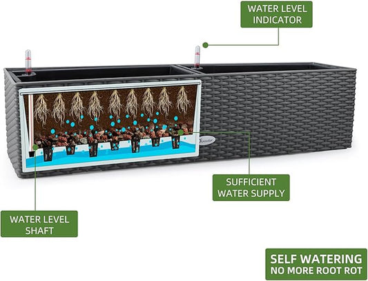 Dexceder 31.5 Inch Rattan Self Watering Planter Indoor Outdoor, Thickened Large Rail Flower Plant Pot Window Box with Water Level Indicators (Deep Gray)