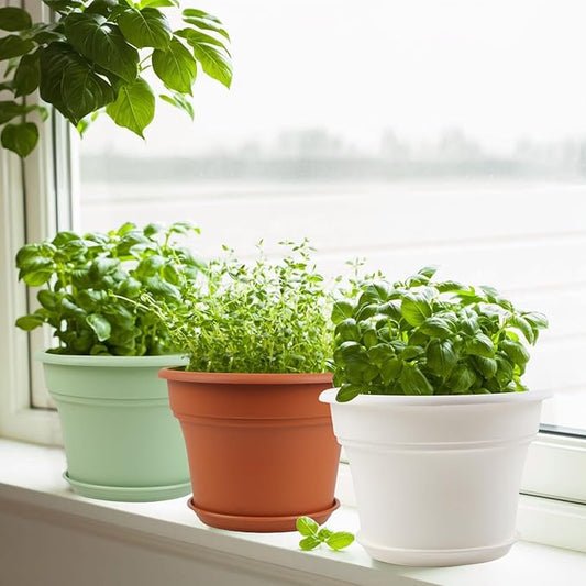 10 Inch Plastic-Flower-Pot-for-Indoor-Plants, 4 Pack Large Outdoor Planter Pot with Drainage Holes & Saucers, Resin Decorative Garden Pots Planters