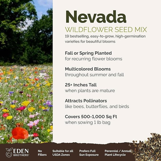 Eden Brothers Nevada Wildflower Mixed Seeds for Planting, 1 lb, 480,000+ Seeds with Yarrow, Cosmos | Attracts Pollinators, Plant in Spring or Fall, Zones