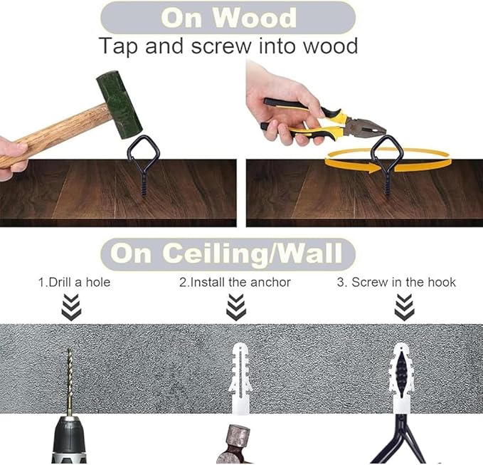 52-Pack Heavy-Duty Black Screw Eye Hooks with Safety Clips | Metal Ceiling Hooks for Hanging Plants, Wind Chimes, Bird Feeders & Indoor/Outdoor Lights