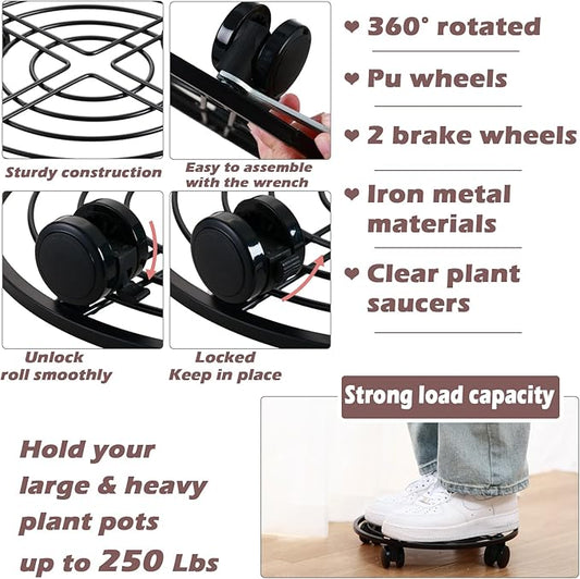 12" Metal Plant Caddy with Wheels 5 Packs Large Rolling Plant Stands Indoor Wheeled Plant Dolly Heavy-duty Pot Mover Roller Base Outdoor Plant Trolley Cart with Brake Water-proof Dust-proof, Black
