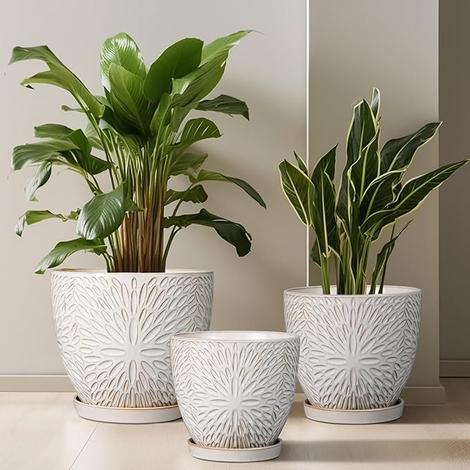 G EPGardening 8 Inch Ceramic Plant Pot with Drainage Hole and Saucer Round Planter Pot for Indoor Outdoor Plants Modern Large Flower Pot White