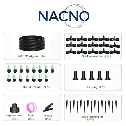 65FT Garden Drip Irrigation Kit - DIY Misting Cooling System with 1/4" Tubing & Adjustable Atomizing Nozzles for Greenhouse, Patio, Raised Beds, Potted Plants