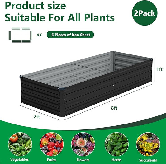 Vengarus 8x2x1FT (2 Pack) Galvanized Raised Garden Bed Kit, Outdoor Metal Planter Box for Vegetables, Rectangular Steel Container, Easy Assembly (Black)