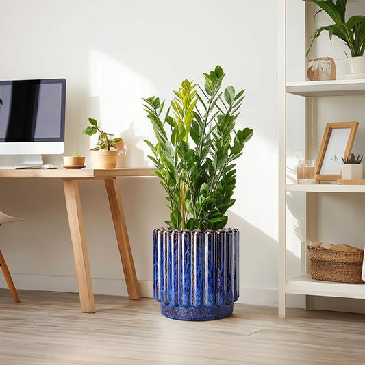 12 Inch Pots for Plants - Ceramic Planter Indoor Outdoor, Large Ceramic Flower Pots with Drainage Hole, Fluted Modern Round Planter, Living Room Home Decor, Gifts for Plant Lovers, Blue