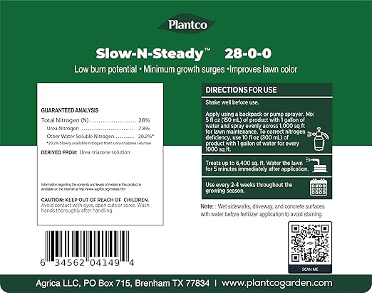 Slow-N-Steady Liquid Lawn Fertilizer | 28-0-0, High Nitrogen, Slow Release Nitrogen (SRN) | Urea Triazone Sprayable Fertilizer | 32 fl oz Bottle | Steady Green-Up for Lawns| Made in The USA |