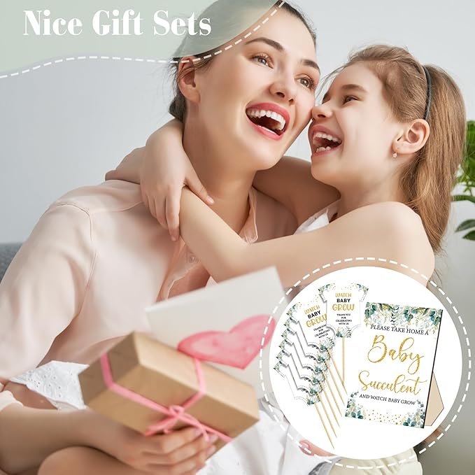 51 Pcs Watch Baby Grow Succulent Tags Baby Shower Party Favors Include 1 Piece Wooden Table Sign 50 Sets Succulent Favor Tags Decorations(Greenery Style)