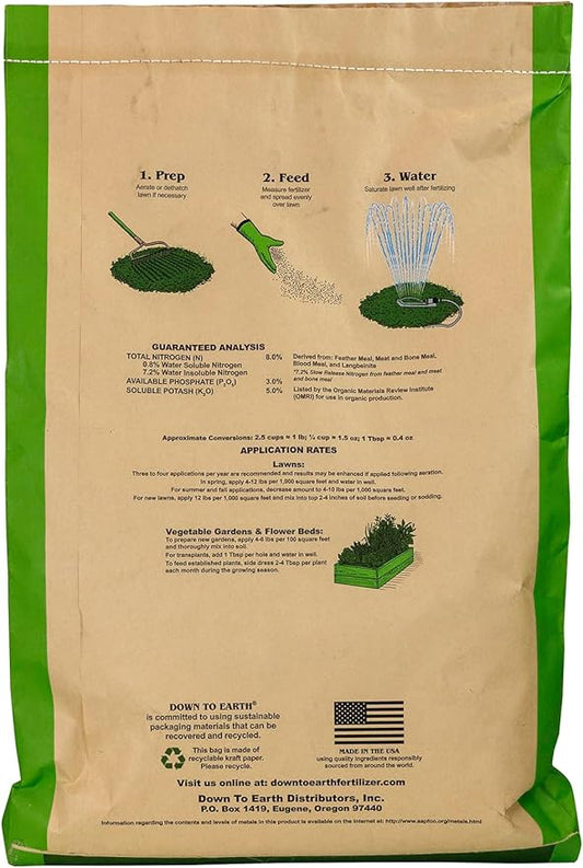 Down To Earth All Natural Fertilizers Organic Bio-Turf Lawn Food for Grass, Landscape and Ornamentals - Works with Lawn Spreaders 8-3-5, 25 Lb