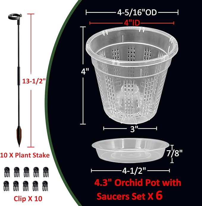 Orchid Pot with Saucers, 6 Pack 4.3" Orchid Pots with Holes and 10Pcs Plant Stakes, Clear Plastic Flower Plant Pot for Indoor Outdoor Plants