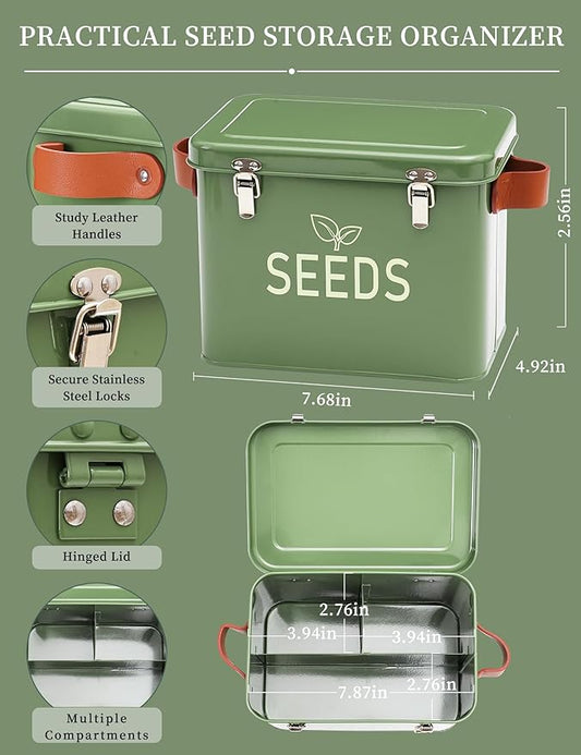 Seed Storage Organizer, Metal Seed Saving Box with Leather Handles and Safety Locks, Seed Packet Container with 10 Fruits Protection Bags, 30 Plant Labels, 20 Seed Envelopes, 1 Marker Pen