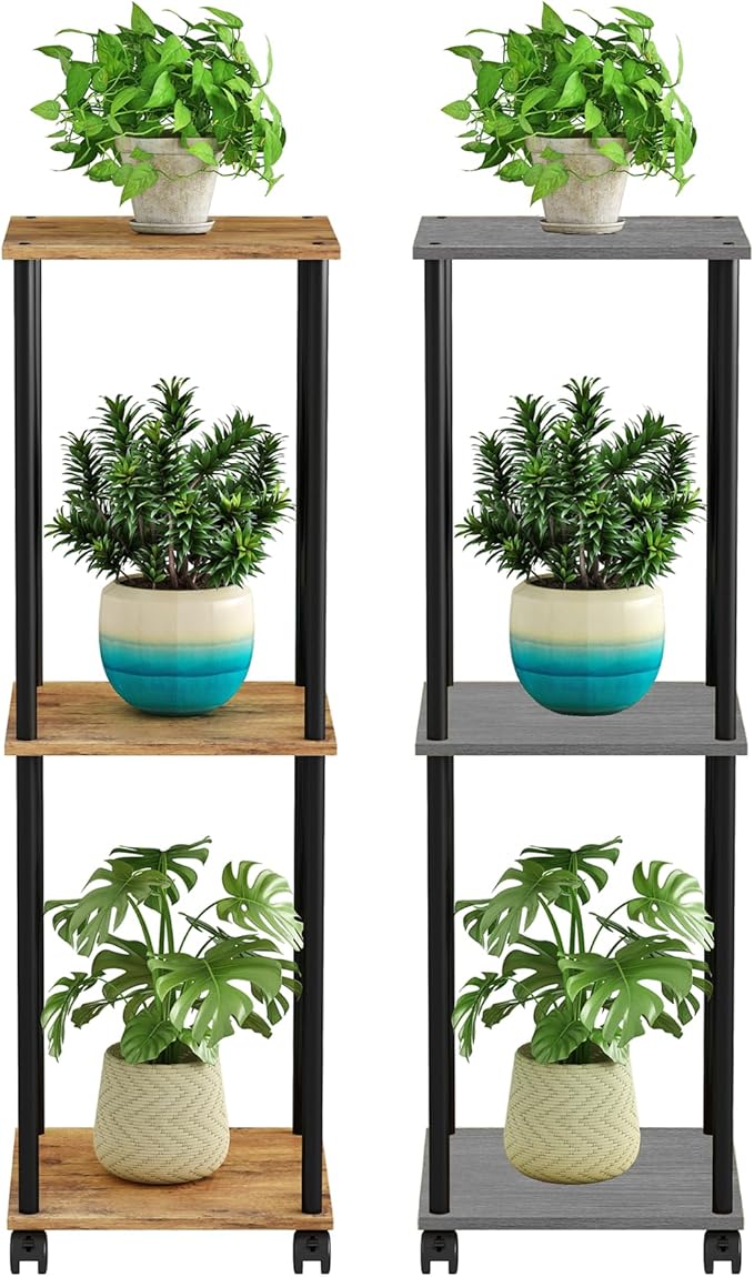 3 Tier Tall Plant Stand Indoor with Wheels, Movable Plant Shelf Metal Wood Multiple, Flower Pot Holder for Living Room Office Balcony Patio, Oak Grey