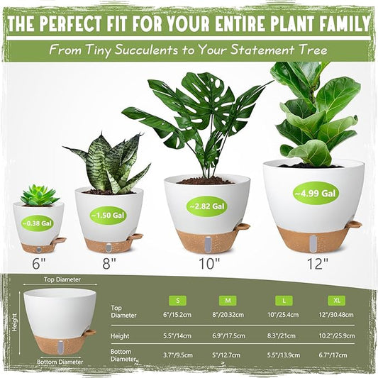 Self-Watering Pots for Indoor Plants 4 Pack, 6/8/10/12 Inch Outdoor Planters with Water Level Indicator&Deep Reservoir, Decorative Flower Pots for Indoor Plants,Home Decor (White, 12+10+8+6 inch)