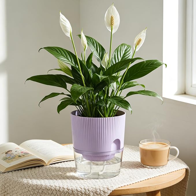 Plant Pots, 4 Pack 5.7 Inch Self Watering Pots for Indoor Plants, Flower Pots with Deep Reservoir and Drainage Holes - Yellow & Purple