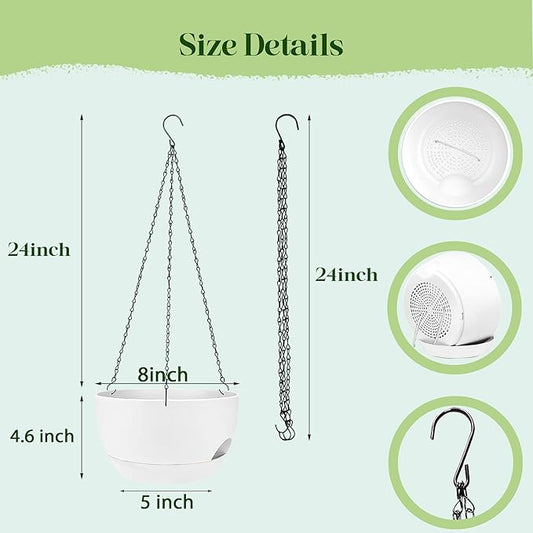 Set of 4-8 Inch Self Watering Hanging Planters for Indoor Outdoor,Hanging Plant Pots with Drainage & Removable Tray, Hanging Pots Holder for Ivy, Pothos, Ferns, Balcony & Patio, White