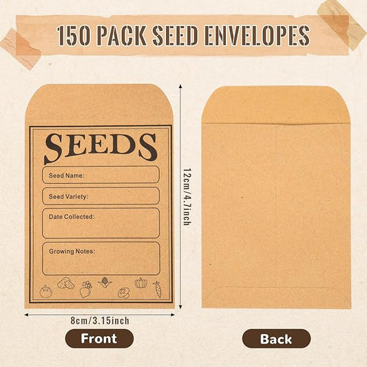 150pcs Seed Saving Envelopes, 4.7x3.1 Inch Reusable Seed Kraft Storage Organizer Packets Envelopes Printed with Types Name Template for Flower Vegetable Plants Garden Seeds Saving & Collecting