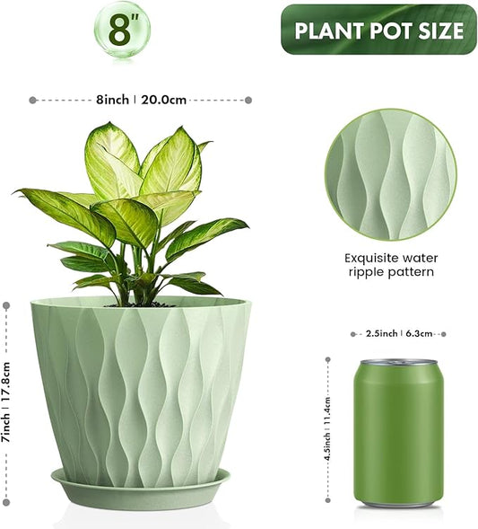 8 Inch Plant Pots, 4 Pack Plastic Planters for Indoor Outdoor with Drainage Holes & Saucers, Waffle Texture Flower Pots for Indoor Plants, Indoor Plant Pots for Monstera, Fiddle Leaf Fig, Green
