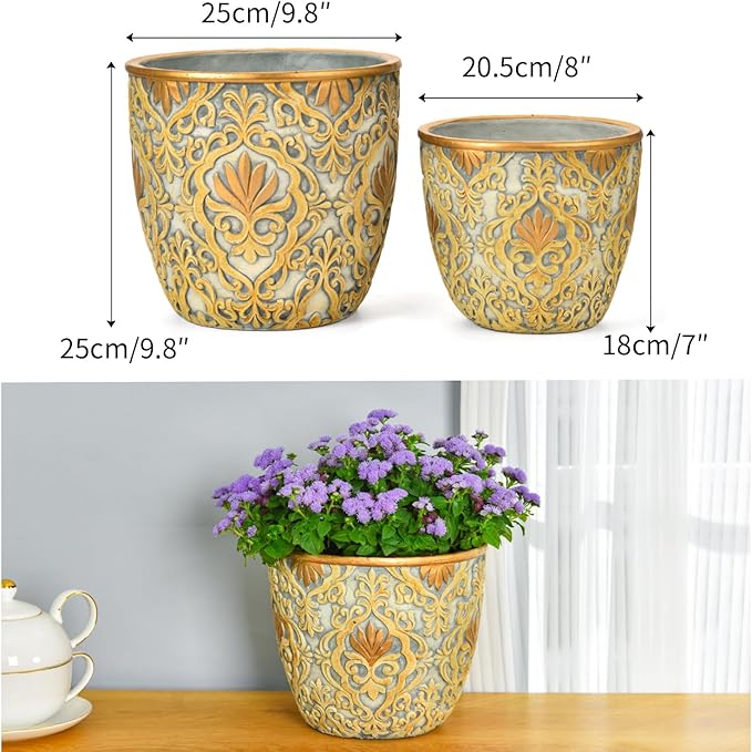Sungmor Large Heavy Duty Cement Planters, Beautiful Embossed Concrete Garden Pots, 8" & 10" Set of 2 Plant Pots with Drainage Hole, Home Garden Decorative Flower Pots for Indoor Outdoor Plants Floral
