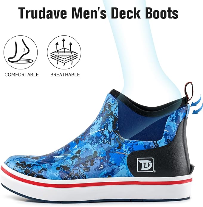 Trudave Mens Deck Boots, Waterproof Rubber Fishing Rain Boots, Anti-slip Short Ankle Shoes for Outdoor Fishing, Boating, Size 5-14