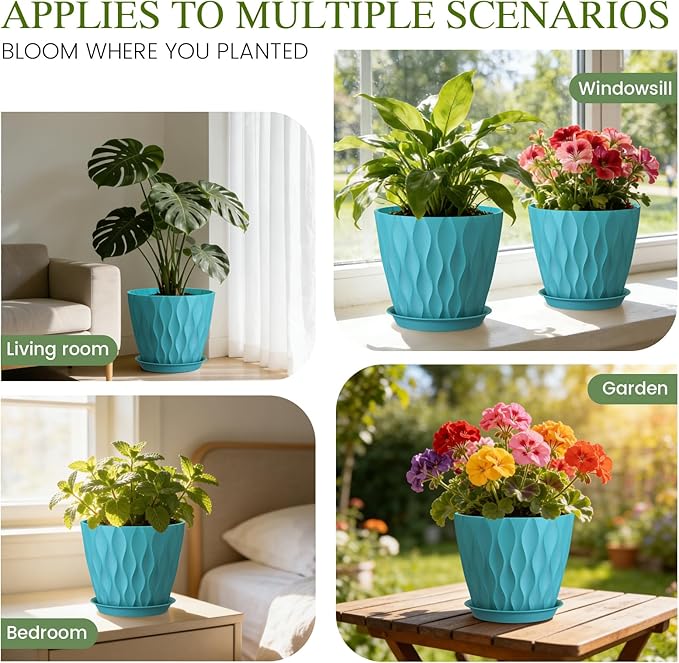 Plastic Plant 8 Inch, 4 Pack with Drainage Holes & Saucers, Water Wave Decorative Plant Pots for Indoor Outdoor Plants, Patio, Garden, Home Decor (4, Blue)