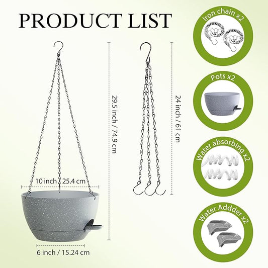 10 Inch Hanging Baskets 2 PC with Chains, Self-Watering Hanging Planters for Indoor Outdoor Plants, Plastic Hanging Flower Pots,Speckled Grey