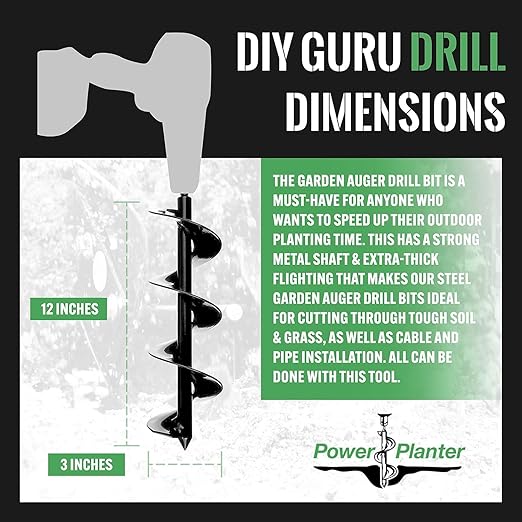 Power Planter DIY Guru Garden Drill Auger Bit (3"x12") - Designed for Planting, Digging Holes, Paint Mixing, Cement Mixing and Home Projects - Made of Steel with a 3/8" Non-Slip Hex Drive (Purple)