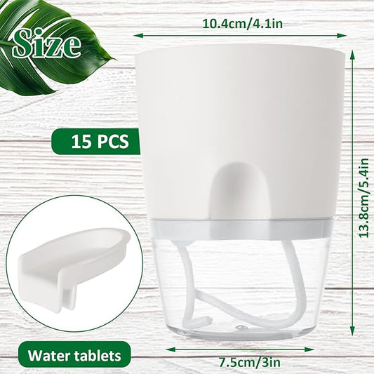 15 PCS 4 Inch Self Watering Pots for Indoor Plants Small Self Watering Planter with Self Watering Wick White Clear Plastic African Violet Pots Self Watering Plant Pot for Indoor House Plants