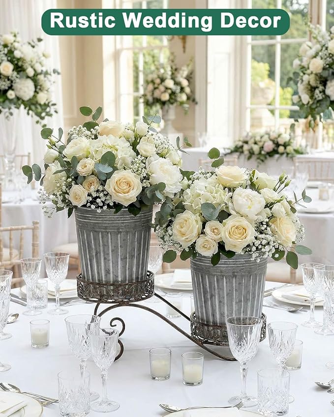 vensovo 7 Inch Silver Metal Rustic Flower Pots - 6Pcs Medium Galvanized Planters with Drainage Hole and Rubber Plug, Rustproof Metal Bucket Plant Pots Farmhouse Vintage Style for Decor