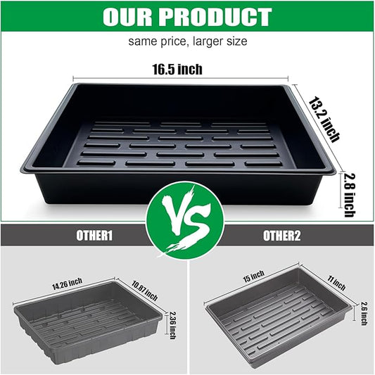 Seed Starter Tray, 10 Packs Plant Tray, Durable Plastic Growing Trays, Stackable Seedling Starter Trays Perfect for Indoor, Outdoor, Greenhouses, 16.5" L x 13.2" W x 2.8" H - Black