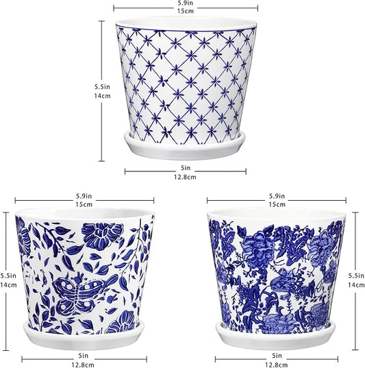 Set of 3 Decorative Plant Pots Blue and White Flower Pot, Round Ceramic Planters for Indoor Plants Pots with Drainage Hole Saucers, Retro Planter Pot for Succulents Cactus Outdoor Garden, 5.9 Inch