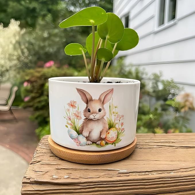 DreamAutumn Planters Ceramic Cute Easter Bunny Rabbit Ceramic Pots with Drainage Holes Round Flowerpot Bamboo Tray Plant Pots for Succuelnt and Little Snake Plants Pots for Nana Mommy Grandma