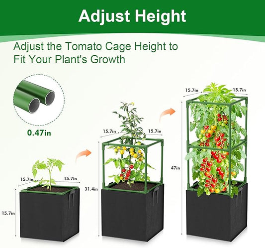 3 Pack Tomato Cages, Square Tomato Trellis with 17 Gallon Grow Bags,47IN Tall Heavy Duty Tomato Plant Support Stakes for Garden Climbing Vegetables Flowers Fruits (Extra-Bold, 3 Pack)