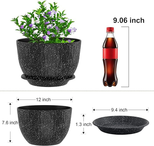 12 inch Large Plant Pots, Flower Pots with Multi-Mesh Drainage Holes and Saucer, Plastic Planters for Indoor and Outdoor Garden Plants (Speckled Black, 12")