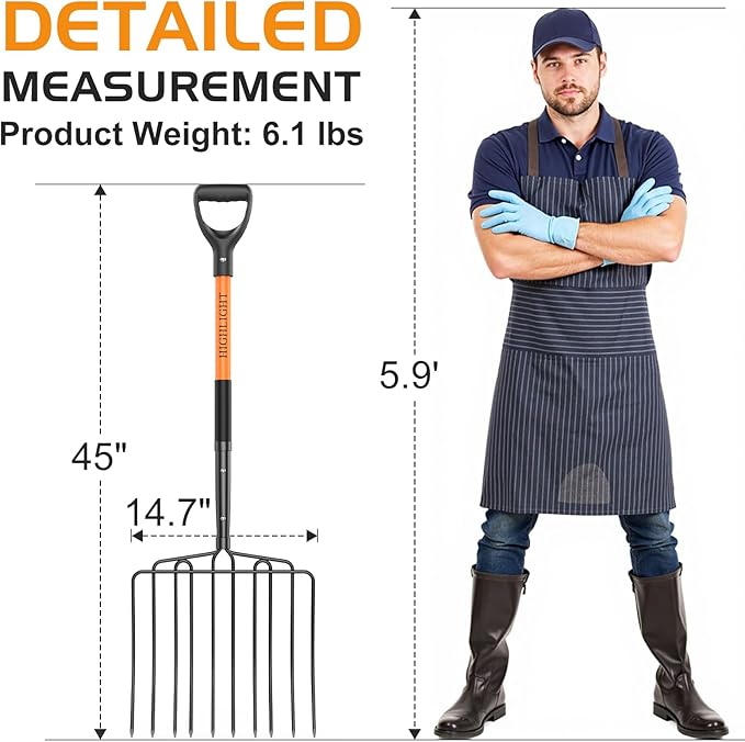 HIGHLIGHT 10-Tine Wide Head Pitch Fork for Manure & Hay, Heavy Duty with Unbreakable Fiberglass Handle, 45-Inch Ergonomic Grip