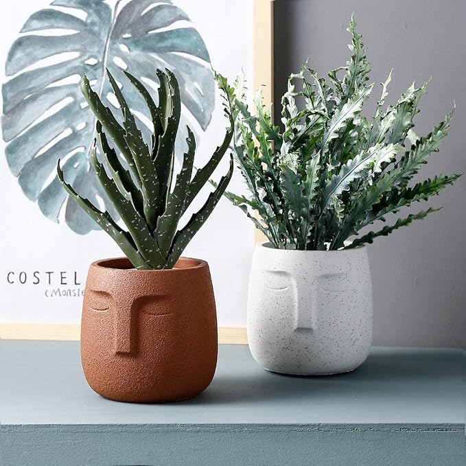 GeLive Head Plant Pot Succulent Planter with Drainage Hole Modern Statue Flower Pot Face Plant Vase Windowsill Box Art Home Decoration Indoor Outdoor (White)