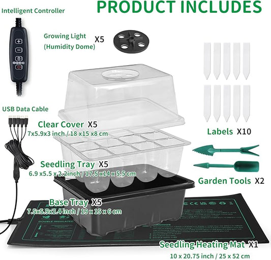 Seed Germination Kit with Heat Mat and Light Humidity Domes, 60 Cell Starter Trays Germination Station Cloning Kit