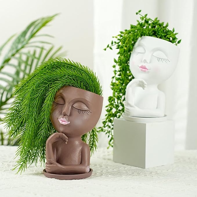 1 PCS Face Planter Pot Cute Lady Face Resin Succulent Planters with Drainage Holes Indoor Outdoor Coffee Table and Garden Balcony Decor Gift IdeaI for Mother Christmas (Brown)