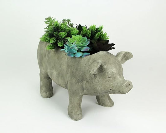 Zeckos Charming Rustic Weathered Grey Smiling Pig Resin Planter Plant Pot - Adorable Outdoor Décor Accent for Porches, Patios, Yards and Gardens - 17 Inches Long