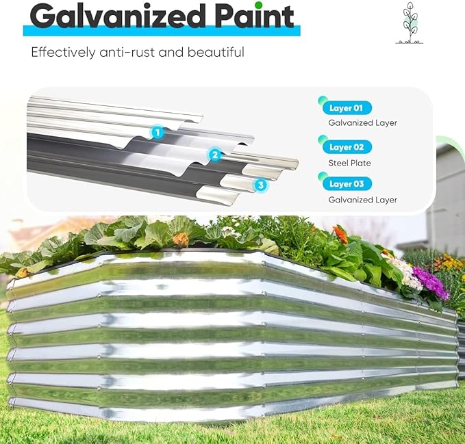 Quictent Raised Garden Bed Kit Oval Galvanized Metal Planter Box Tall for Vegetables Outdoor Backyard, Strengthened by Crossbar, Silver 8x4x1.5 ft